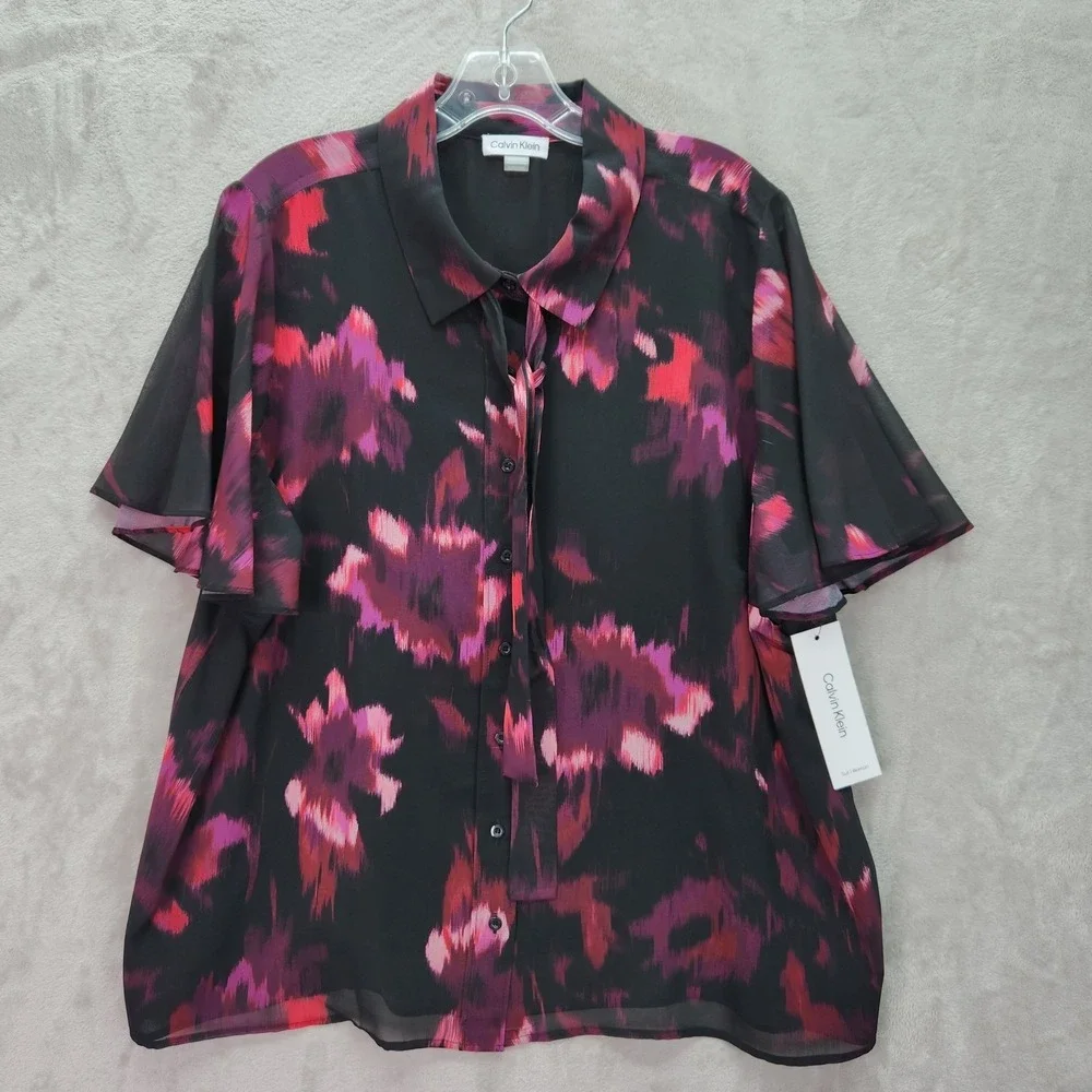 Calvin Klein Blouse Womens Plus 3X Black Floral Tie Neck Short Sleeve Top Career